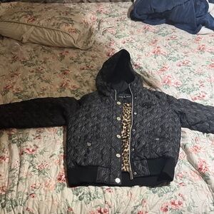 Baby Phat Black Quilted Hooded Jacket with Leopard Lining